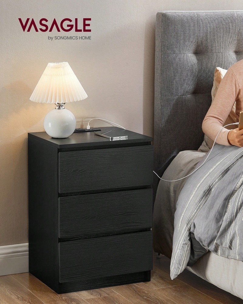 VASAGLE Nightstand With Charging Station, Bedside Table, Side End Table-FGQA