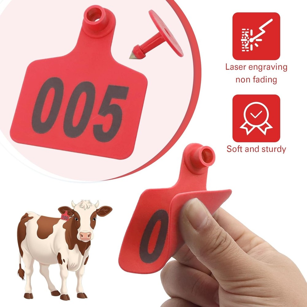 Numbered Cattle Ear Tags 001 100 Red Applicator Kit