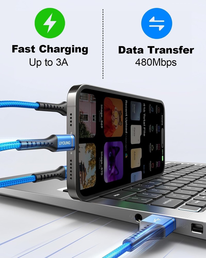 Multi Charging Cable 2Pack 10FT, 3 in 1 Charger Braided Blue