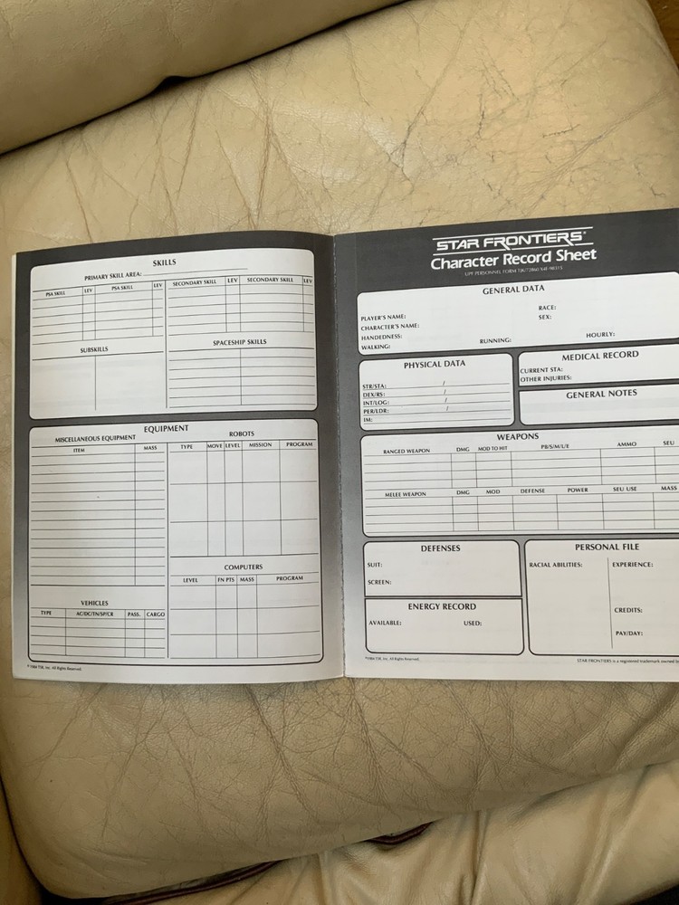 TSR Star Frontiers Character Record Sheets (VG)