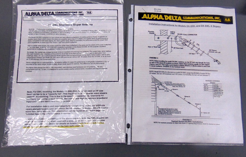 Alpha-Delta DX-SWL Shortwave Sloper Antenna + Instructions & Bracket