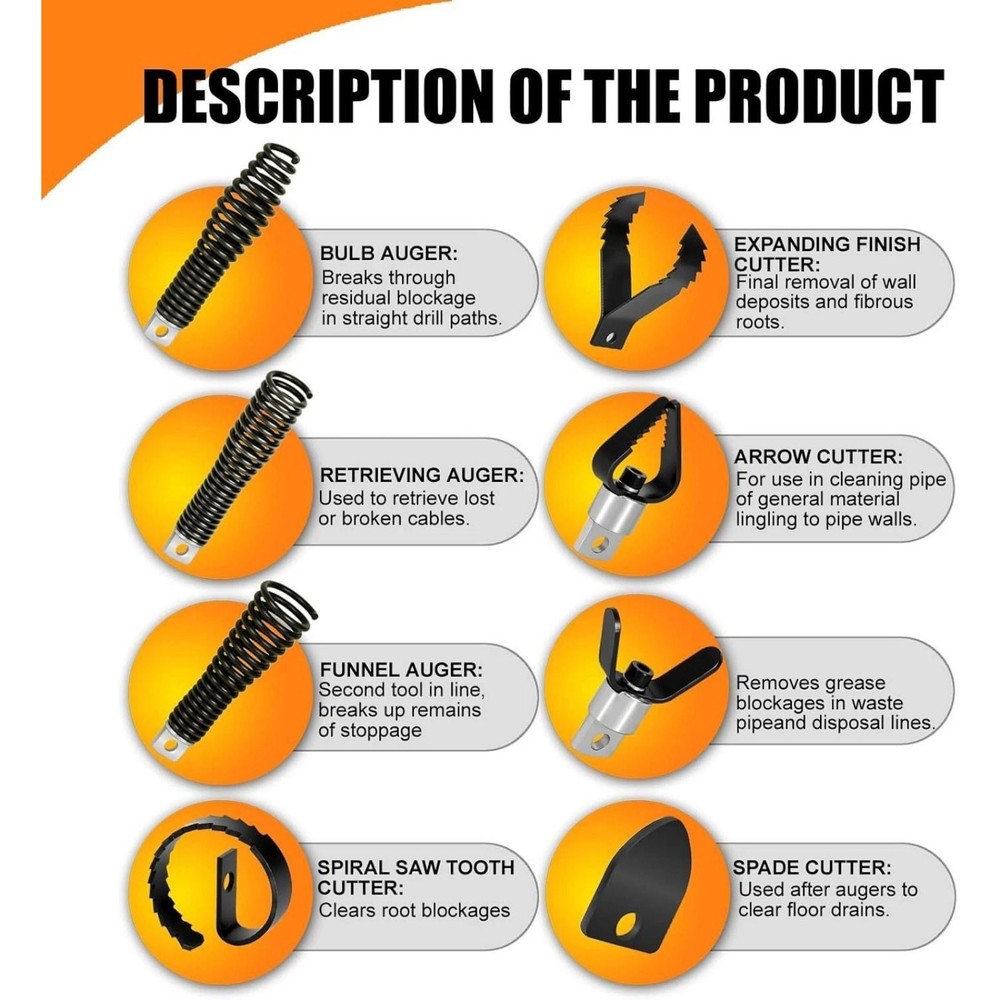 8PCS Professional Drain Snake Drill Bits Multi-Function Cutter Head Attachments