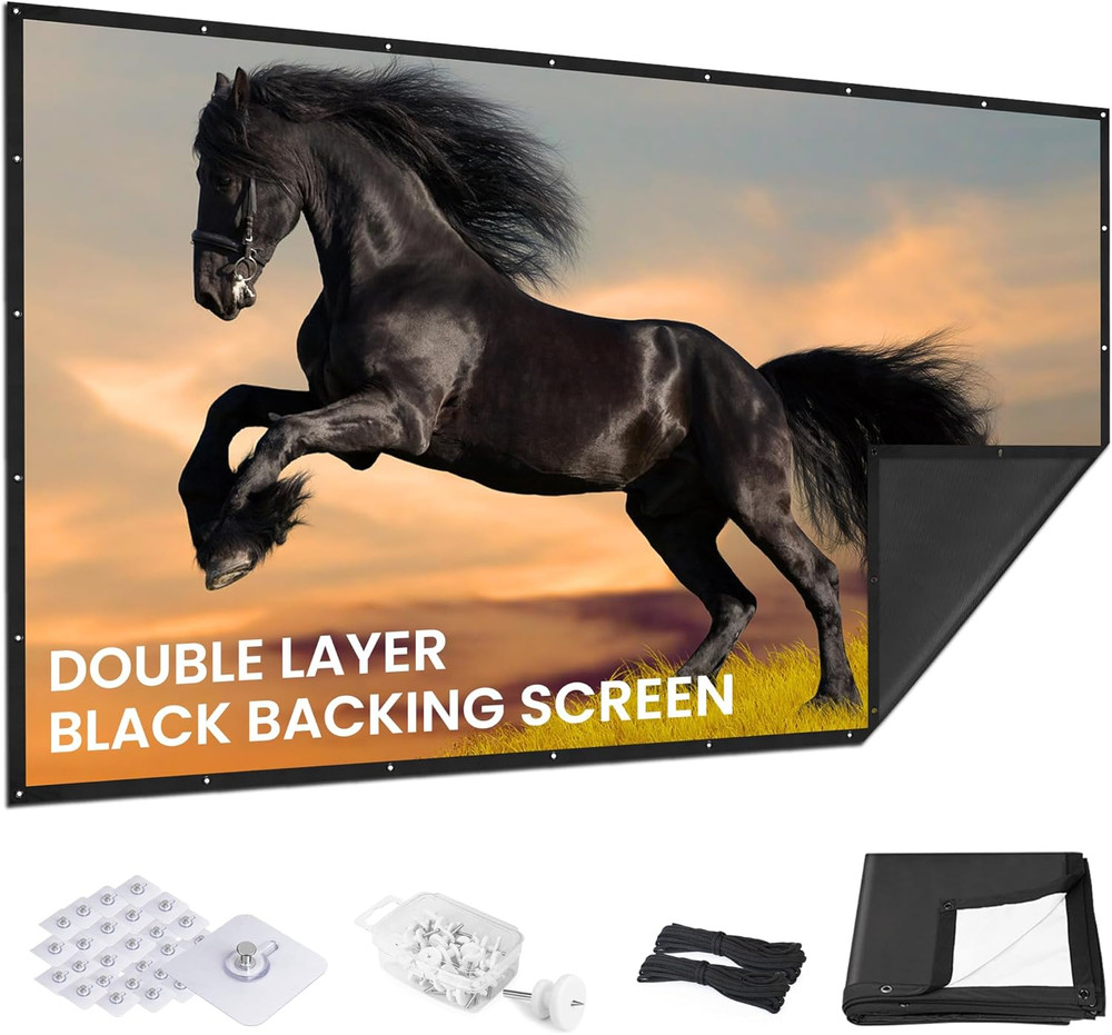 120 Inch Projector Screen Upgraded- Black Backing, Straight Edges, Foldable, Was