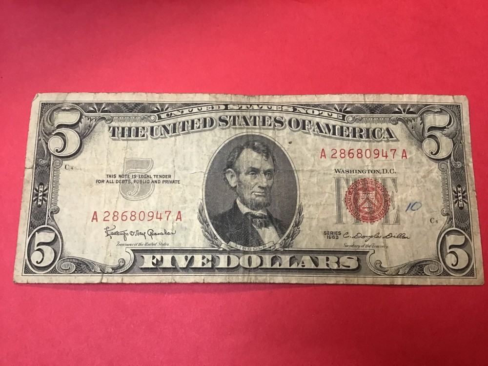 1963 Five Dollar Red Seal $5 Red Seal Note US, 1 Note