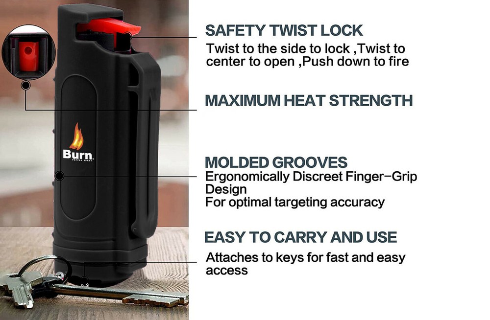 BURN Pepper Spray Keychain 1/2oz Self Defense Quick Release Security Case Black