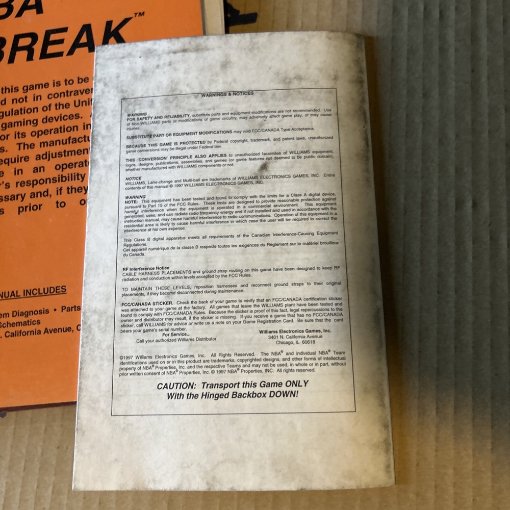 Original Nba Fast Break Pinball Bally arcade game manual