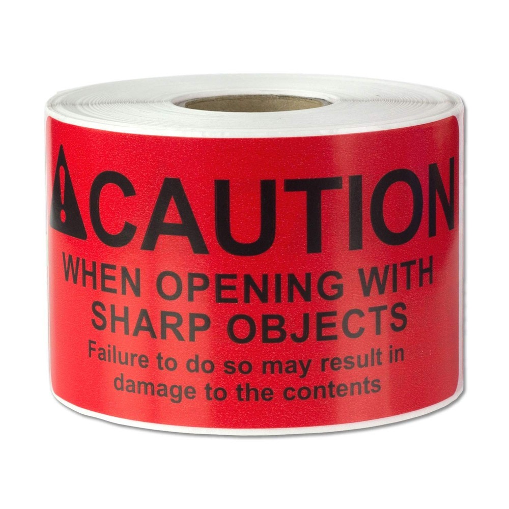 Caution When Opening with Sharp Object Labels (4 x 2 inch, Red - 300 Labels) ...
