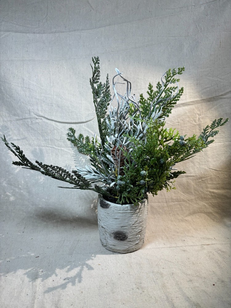 Ceramic Birch Bark Planter With Pine & Pinecone Bouquet Christmas
