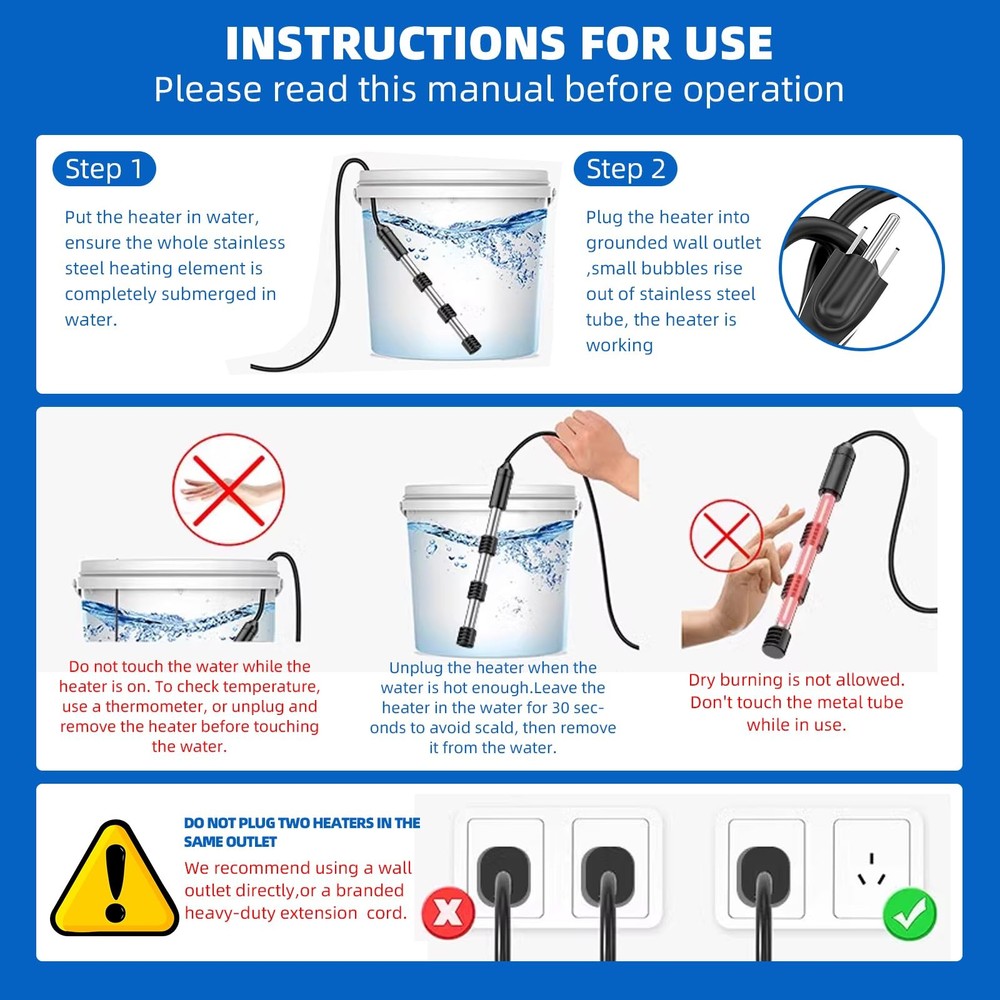 2000W Portable Immersion Water Heater, Made with 304 Stainless Steel and Safe...