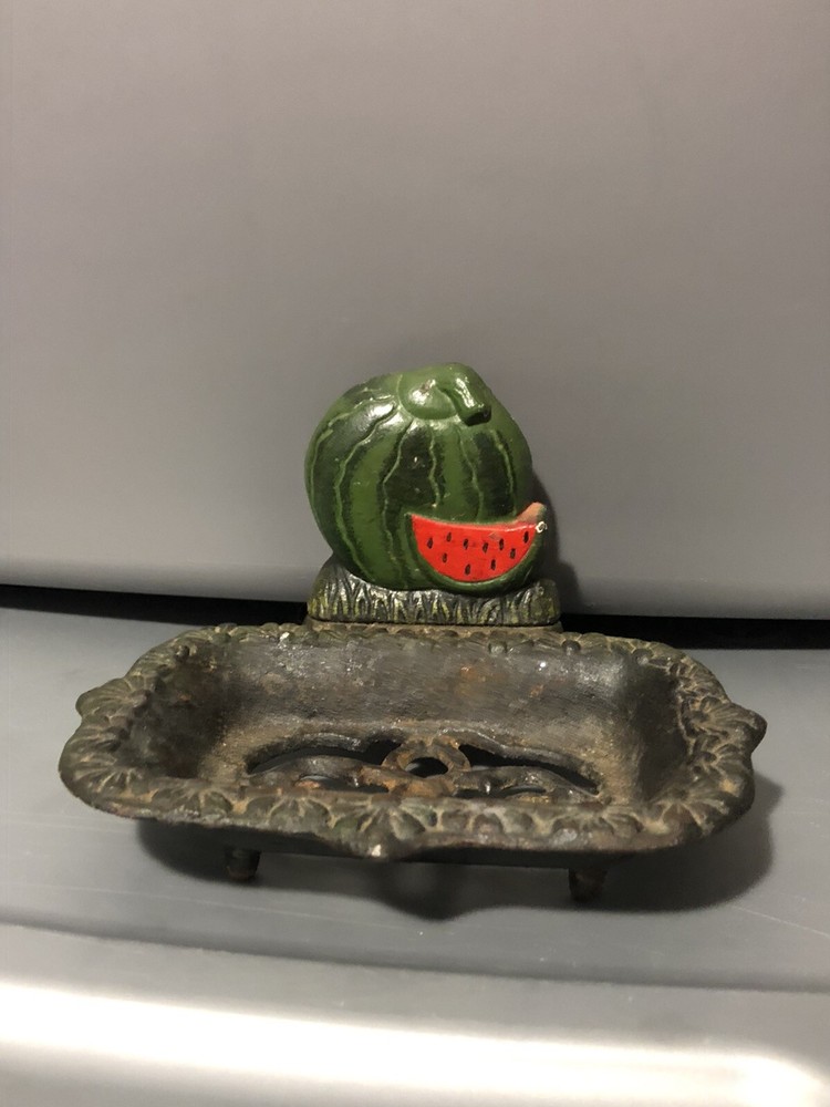 VINTAGE CAST IRON Painted red watermelon FOOTED SOAP DISH HOLDER rustic kitchen