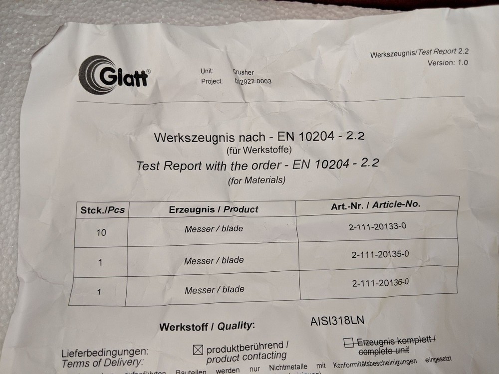 Glatt 2-111-20133-0 Crusher Messer Blade