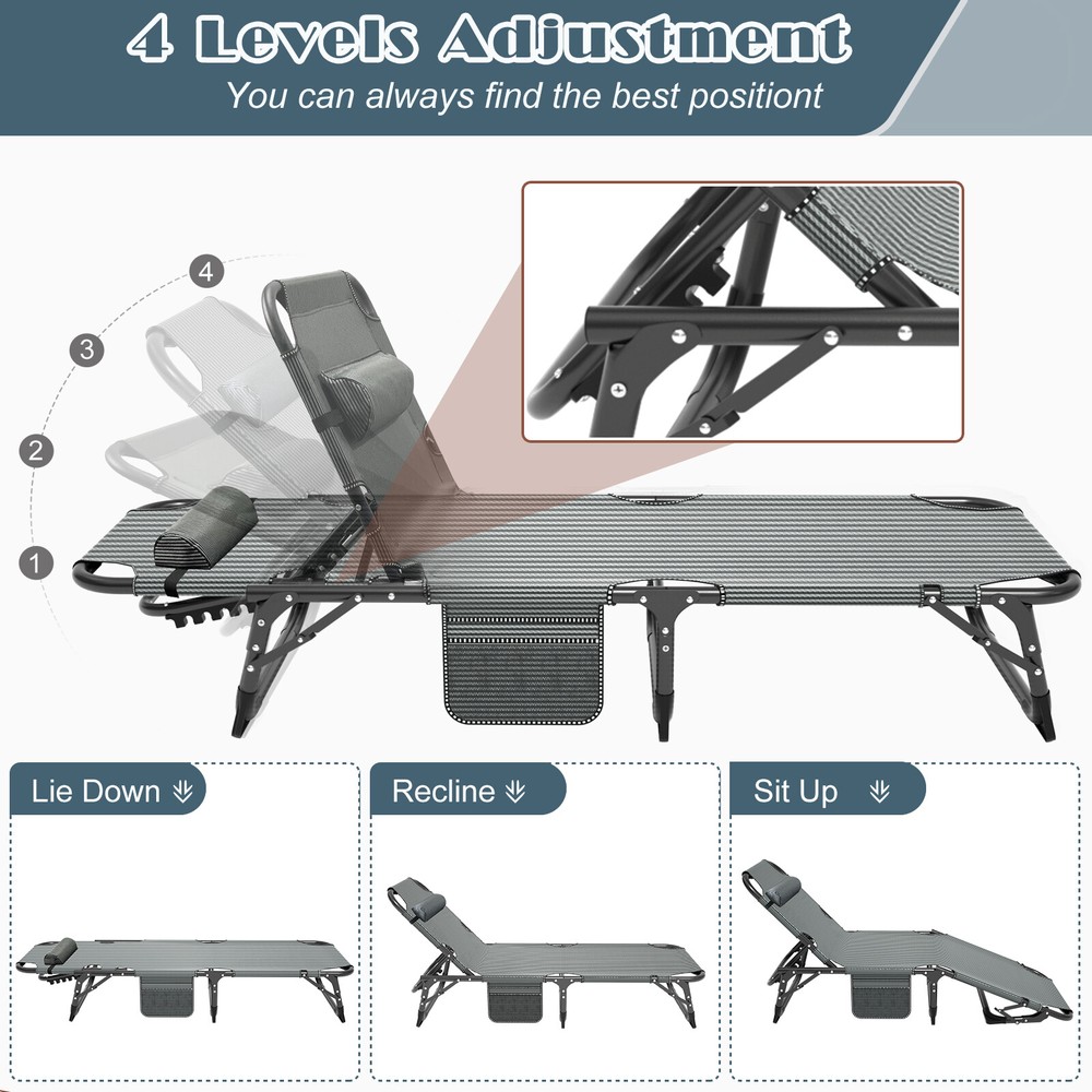 NAIZEA Folding Cot Adjustable 4-Position Reclining Folding Chaise With Mattress