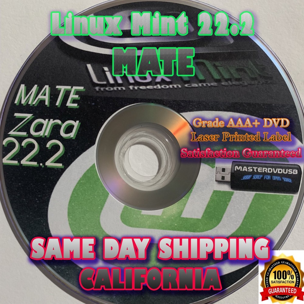 Linux Mint 22.2 “Zara” MATE 64‑Bit Bootable Live/Installer DVD – UEFI & BIOS