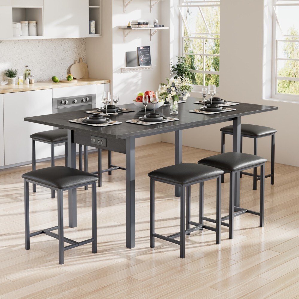 Extendable Dining Table Set with USB Charging, Kitchen Table with 6 Stools Black