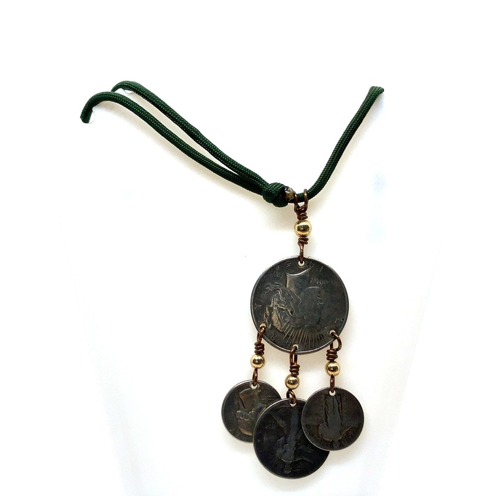 Vintage Handmade Three Silver Coin Dangle Green Lace Adjustable Necklace size 12