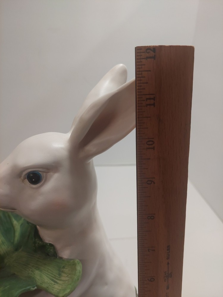 Bunny Rabbit Statue Candy Bowl Server Figure 12" White Resin White Cabbage Leaf