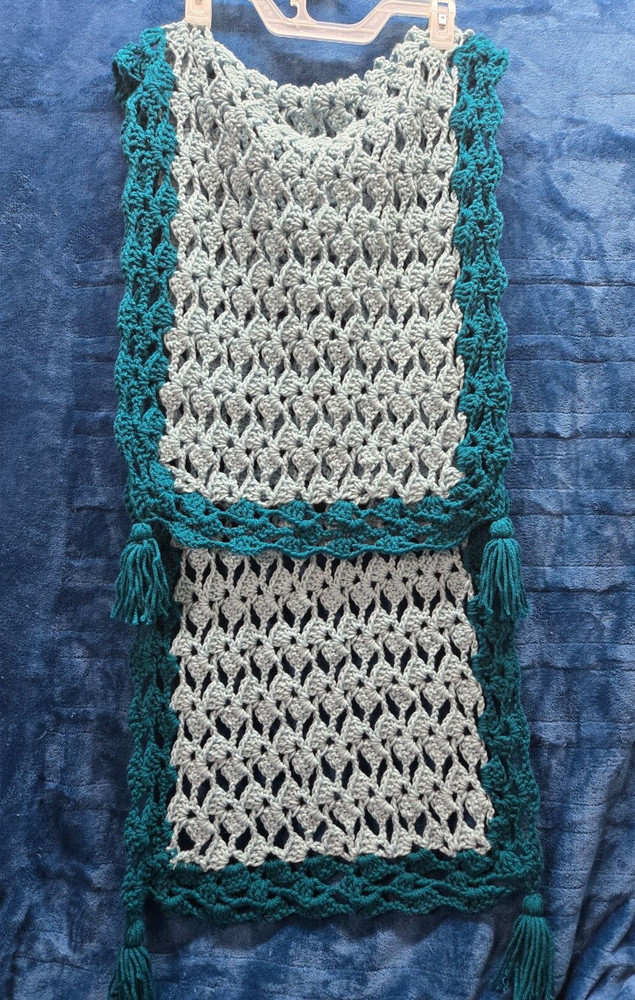 Crocheted Afghan Table Runner Handmade Dark & Light Green 19x60