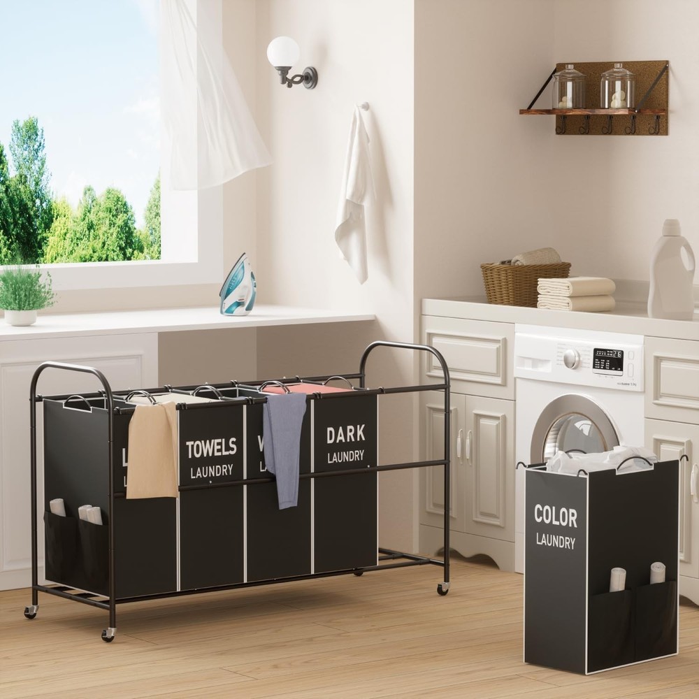 5-Section Laundry Sorter Cart, Large Laundry Hamper with Lockable Rolling Whe...