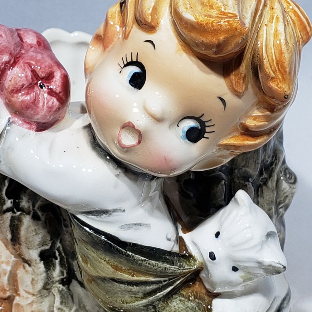 Enesco Boy Apples Puppy Biting Pants Tree Stump Planter Foil Sticker E-2829 EUC