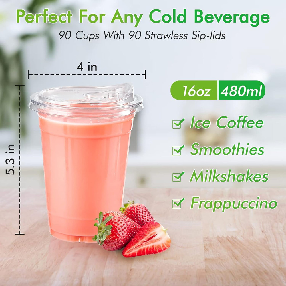 Lilymicky 16Oz Clear Plastic Drinking Cups (90 Pack) with Strawless Sip Lids, Di