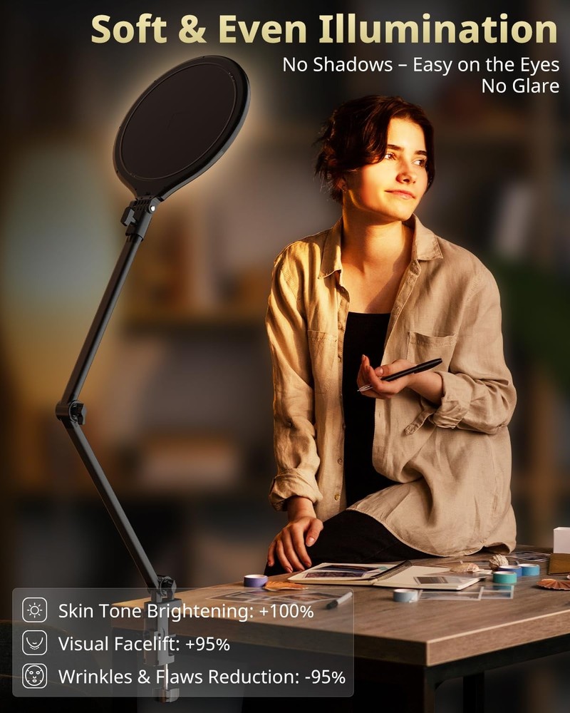 10" Key Light for Streaming, Desk Ring Light with Adjustable Arm, Zoom Lighti...