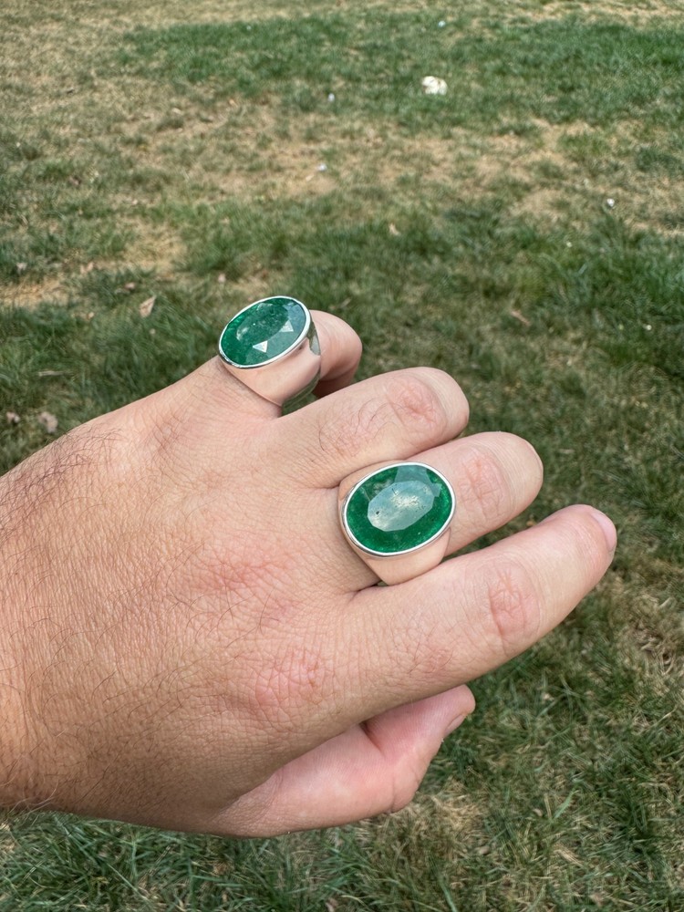 Large 18ct Genuine Emerald Gemstone Mens Real Solid 925 Silver Oval Signet Ring