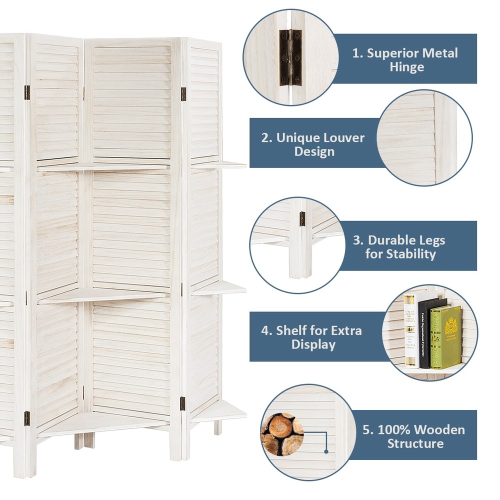 4 Panel Folding Room Divider Screen W/3 Display Shelves 5.6 Ft Tall White