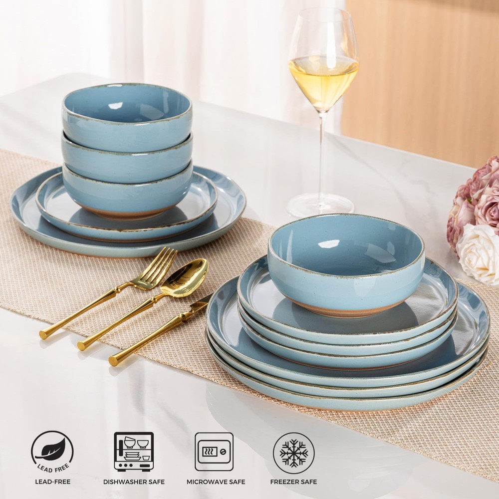 AmorArc Ceramic Dinnerware Sets for 4, 12 Pieces For 4(12Pcs), Stone Blue