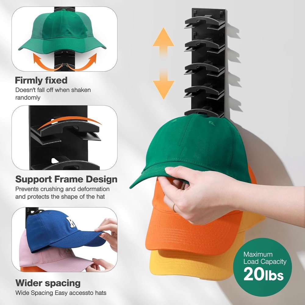 2 Pack Hat Organizer for Wall Adhesive Baseball Cap Rack Holds 16 Hats