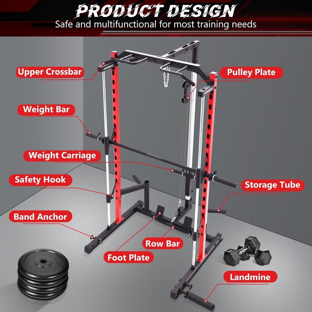 Smith Machine Squat Rack All-in-One Power Rack Cage with LAT-Pull Down System US