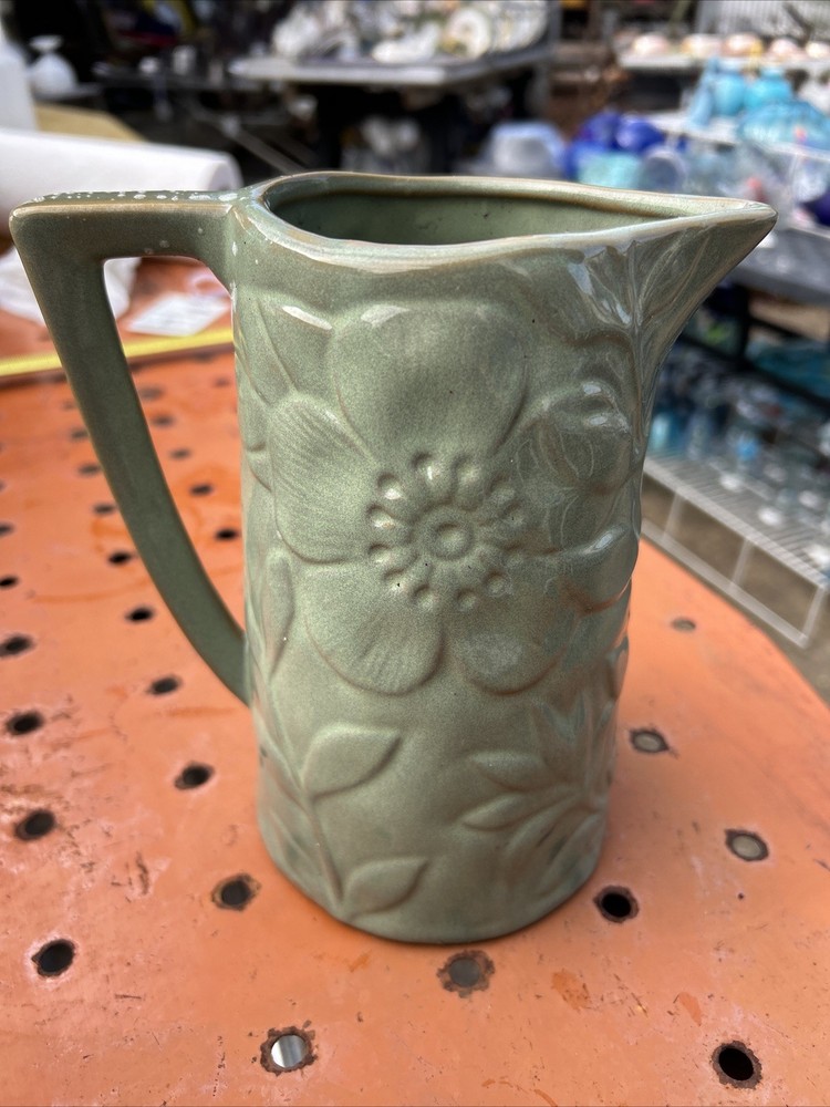 7.5” Home Interiors Green Ceramic Pitcher.