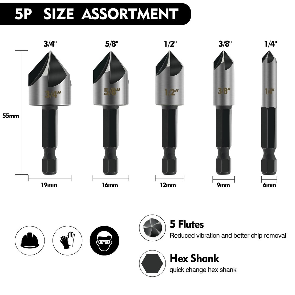 GMTOOLS 5PCS Countersink Drill Bit Set, High Speed Steel Bits,...