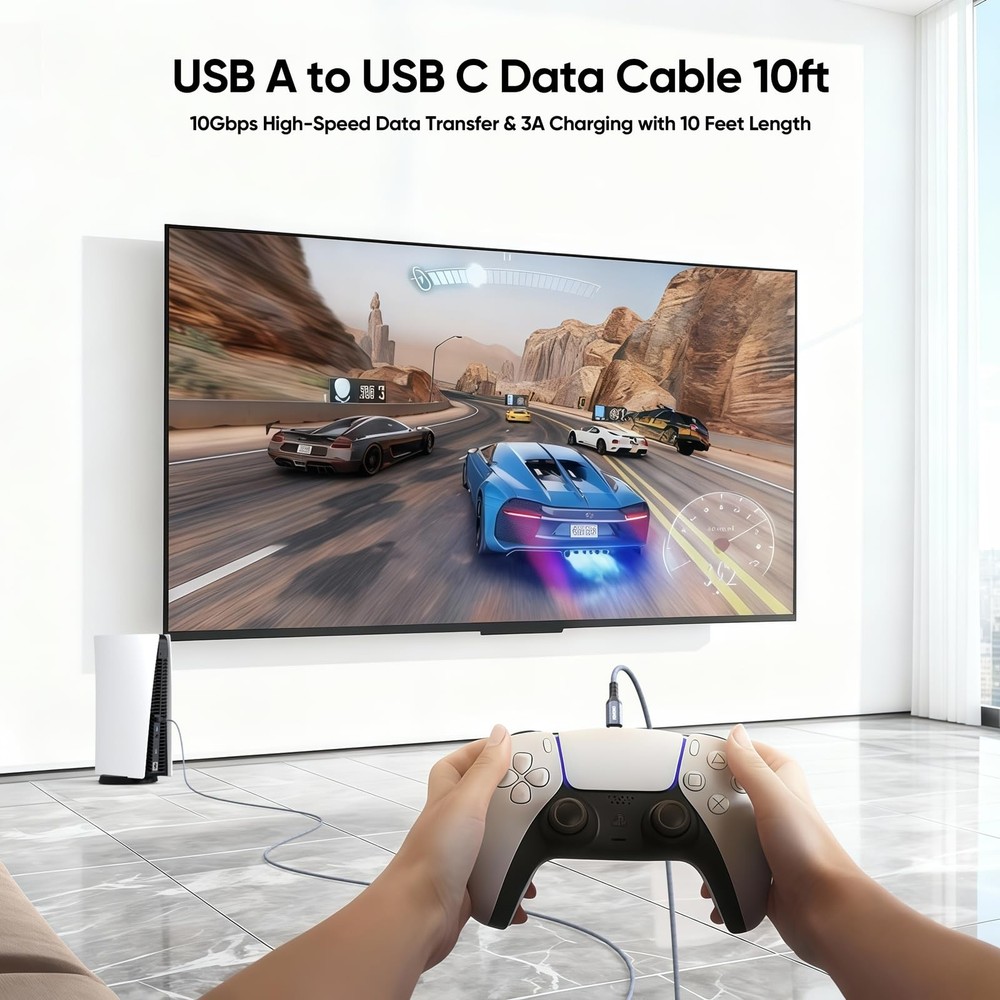 USB A to C Data Cable 10ft, 3.2 Gen 2 Type‑A 10Gbps 10 Feet, Grey