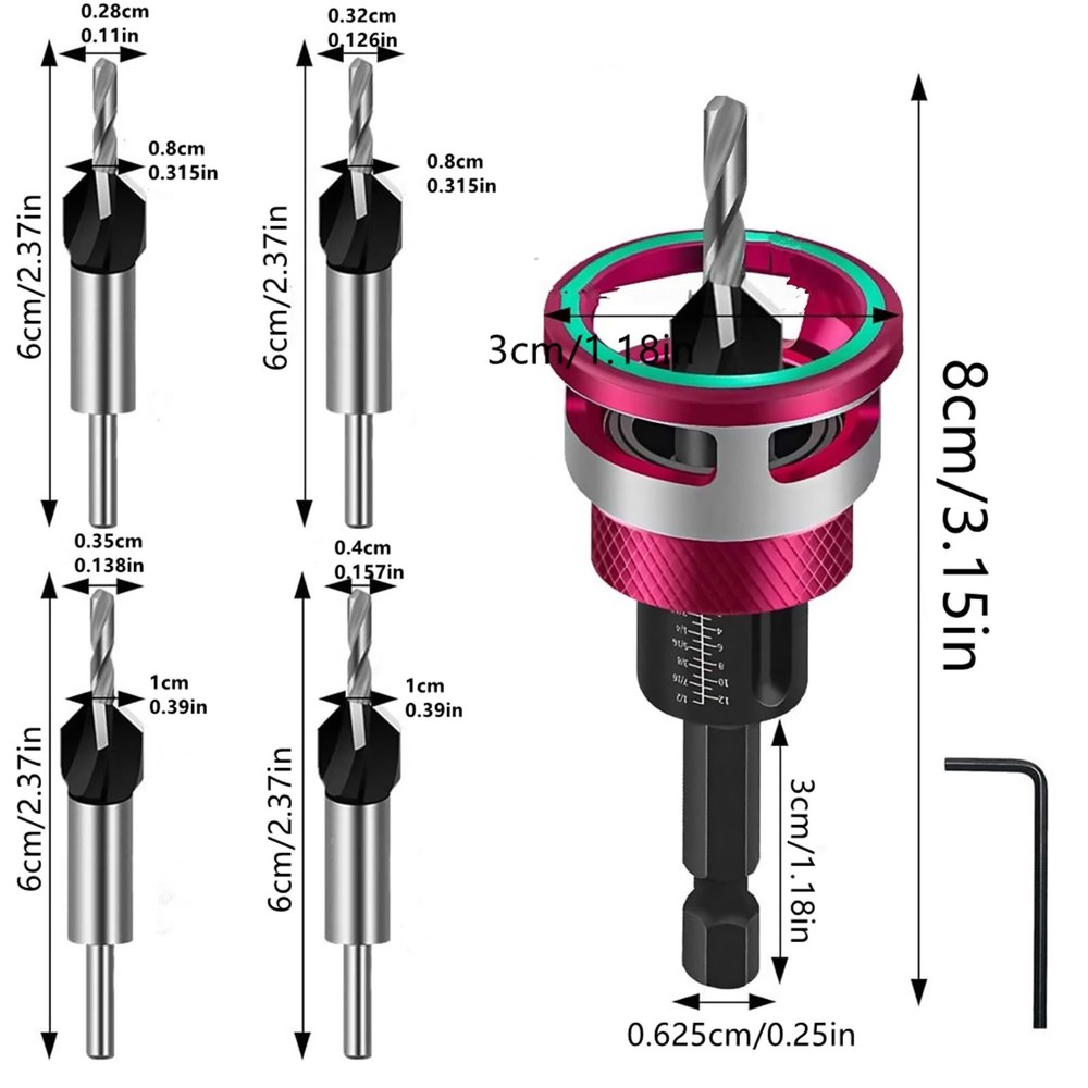 6PCS Hex Shank Countersink Drill Set Adjustable Depth for Hand Drill Bench Drill