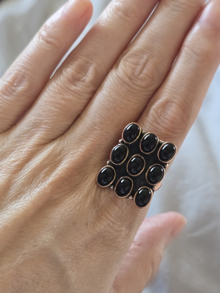 Black Onyx Square Grid Pattern Ring In Copper