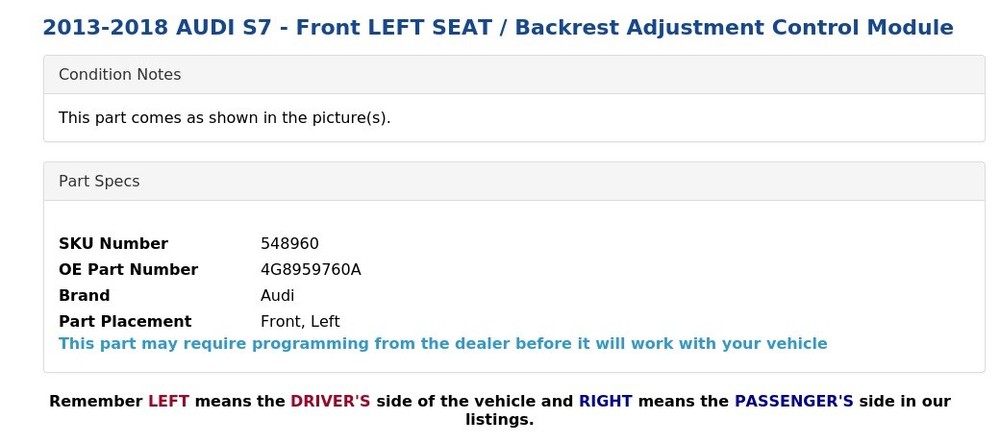 2013-2018 AUDI S7 - Front LEFT SEAT / Backrest Adjustment Control Module