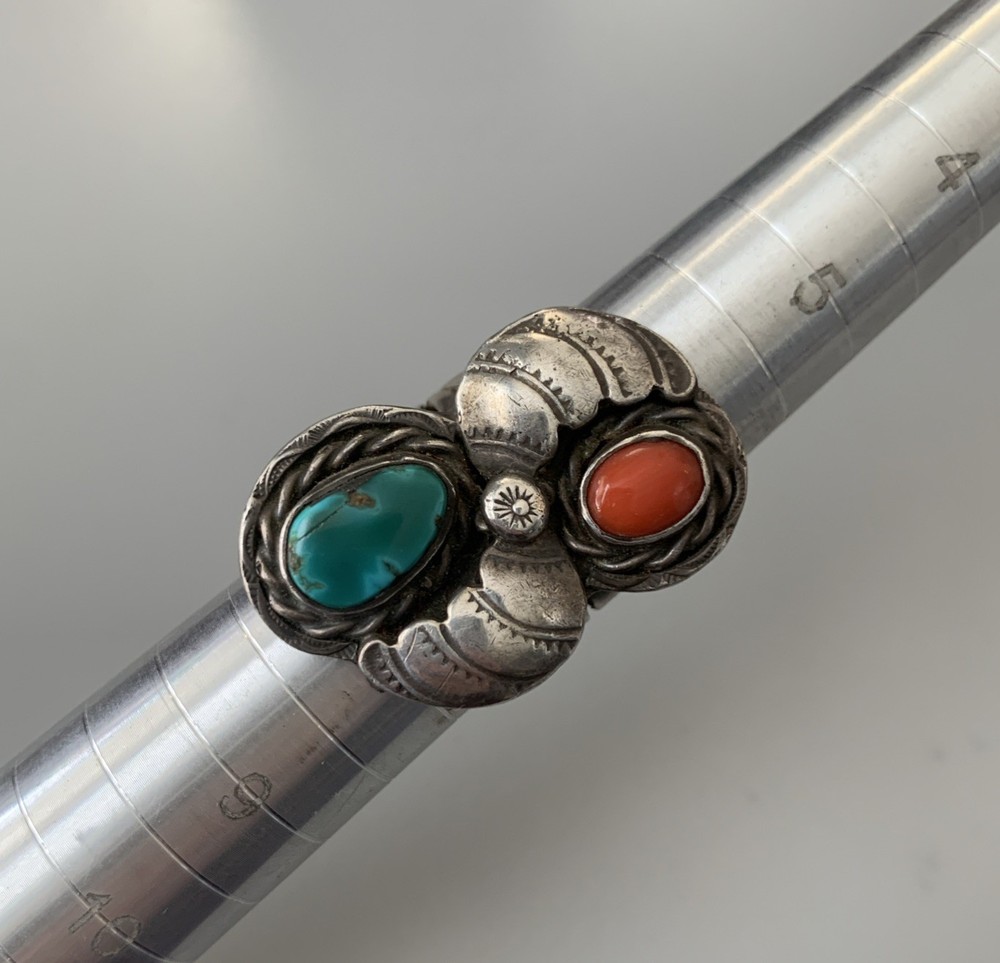 Native American Sterling Silver Turquoise & Coral Ring Size 7
