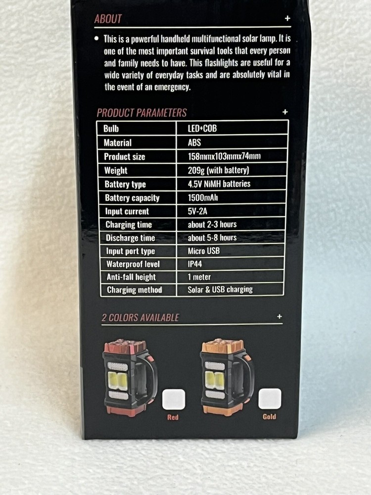 MULTIFUNCTIONAL SOLAR CHARGING LAMP 25W USB CHARGE WORK LIGHT FLASHLIGHT NIB RED