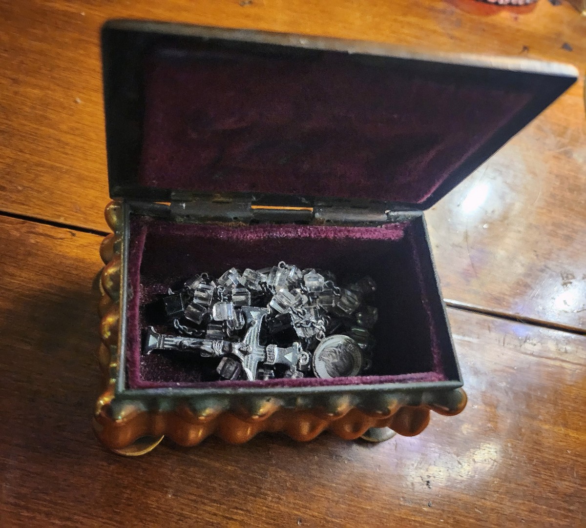 Antique Swift & Fisher Sterling Silver White Enamel Rosary & Vtg Art Nouveau Box