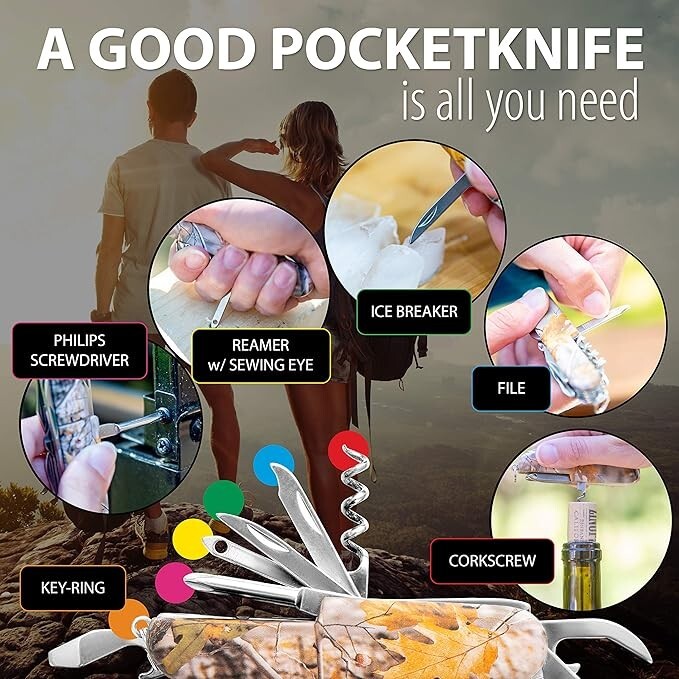 MAXAM, 16-Function Knife with Leymar Handle, Stainless Steel Multi Tool - Camo