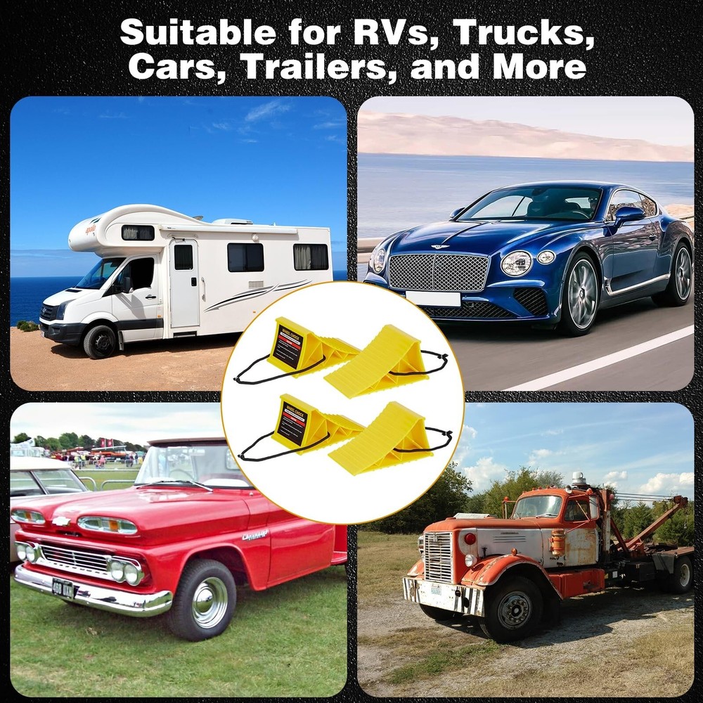 4Packs Yellow Heavy Duty Wheel Chocks with Rope, Easy Removal, Durable, Non-Slip