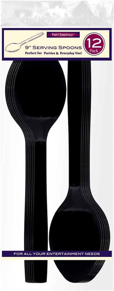 Party Essentials Hard Plastic 9" Serving Spoons, Black, 12 Count