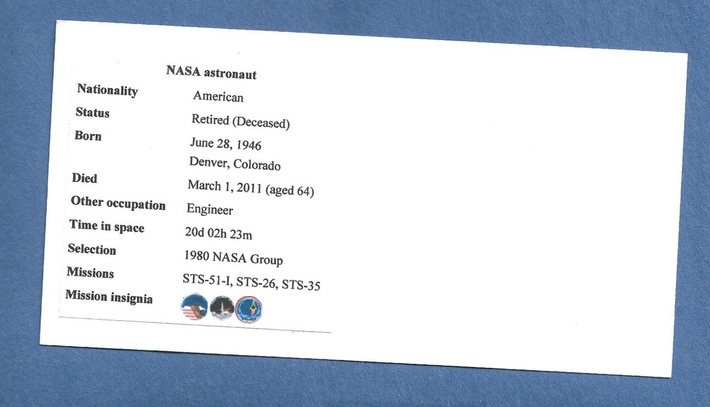 JOHN MICHAEL LOUNGE NASA ASTRONAUT SIGNED SPACE CARD