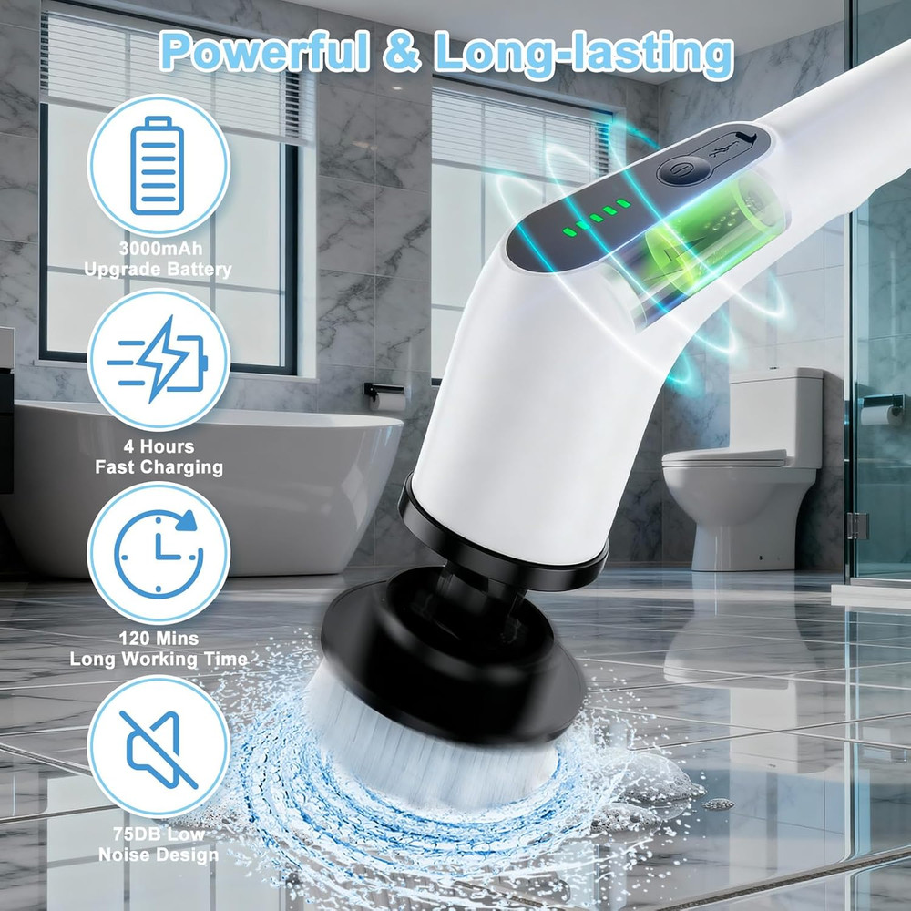 Electric Spin Scrubber, Cordless Cleaning Brush with 8 Replaceable Brush Heads,