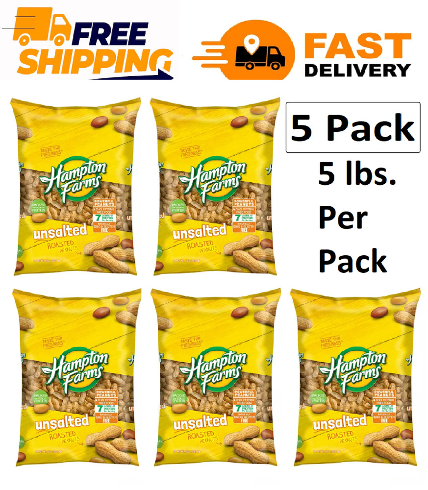 5 PACK - Hampton Farms Unsalted In-Shell Peanuts (5 lbs.) Total 25 lbs