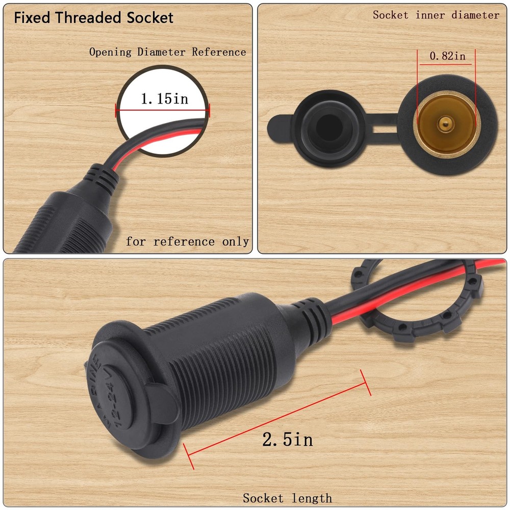 Dongge 12V/24V Fixed Thread Cigarette Lighter Socket Extension 12 FT, 12 FT