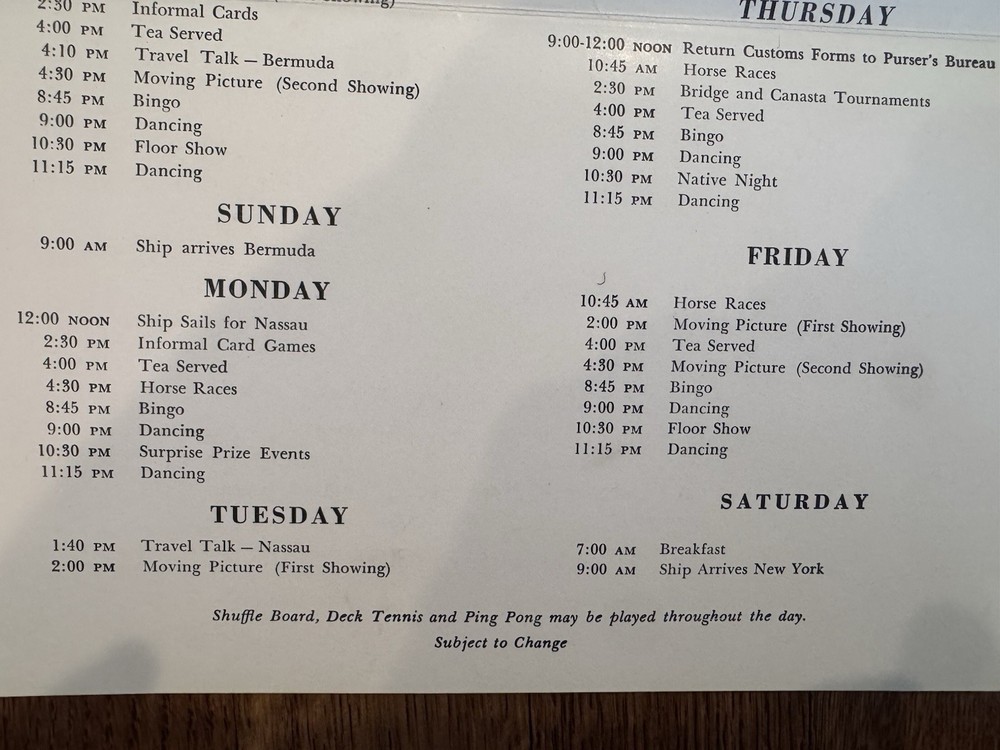 1956 Cruise Ship Ocean Monarch Activities Aboard Program Of Events