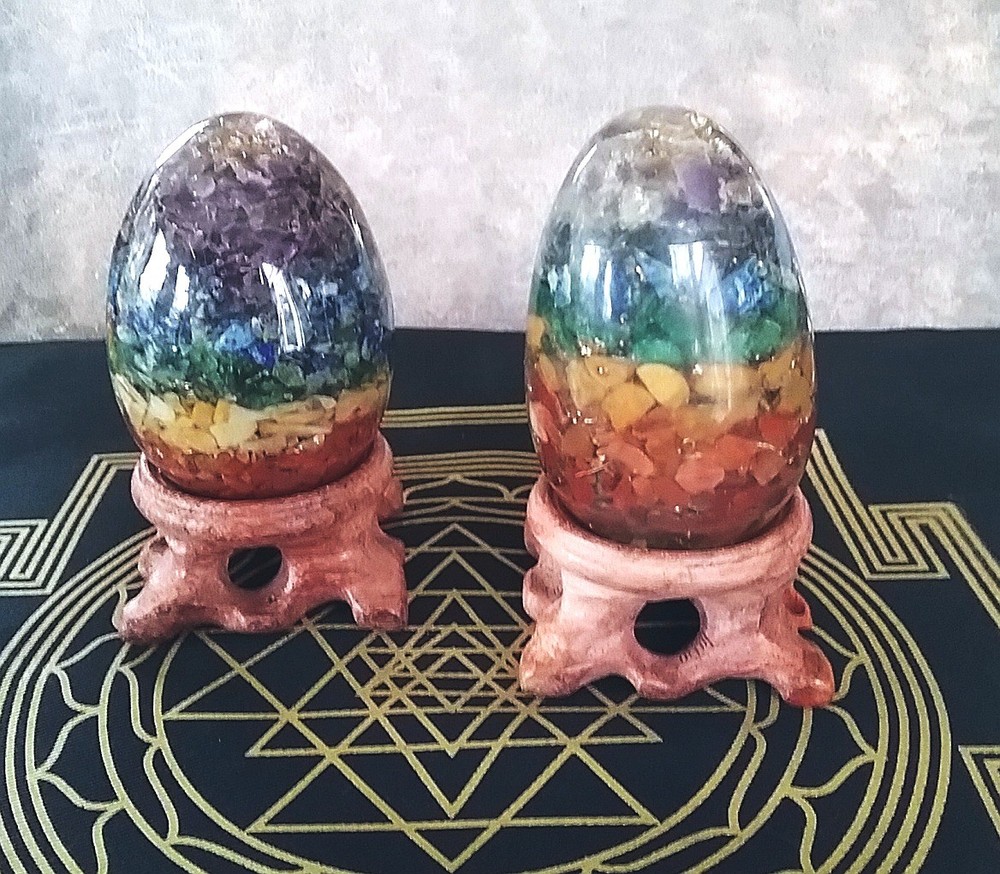 ORGONE CHAKRA EGG, (75MM) 7 Chakra Crystal Orb, Sphere With Stand