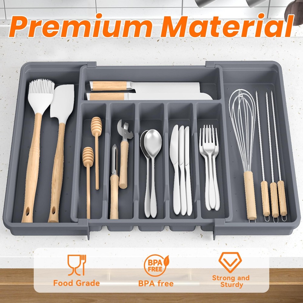 RoomHacks Large Silverware Organizer,Expandable Utensil Drawer Gray
