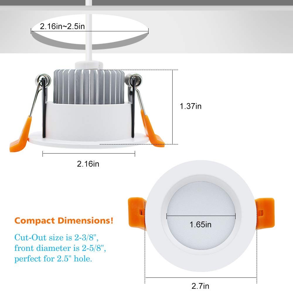 2" LED Dimmable Recessed Downlight Ceiling Light, 3W 5500K Daylight, 4-Pack